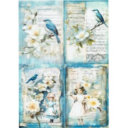 papier ryżowy A-4 kwiaty, niebieskie ptaki id-89