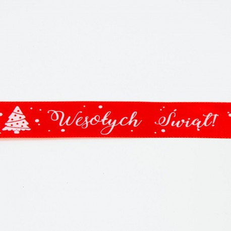 wstążka satyn. czerwona 2,5cm/23m wesołych świąt
