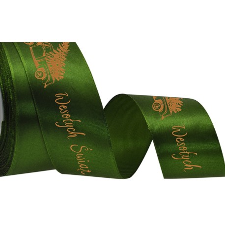 wstążka satynowa 3,8cm*20y św.zieleń wesołych świąt