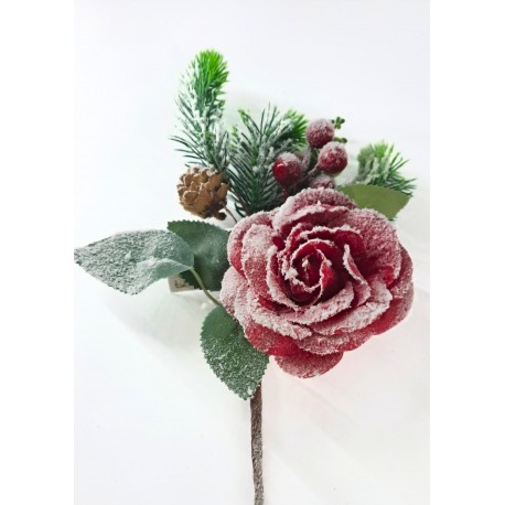 gałązka czerwona róża ośnieżona 30 cm